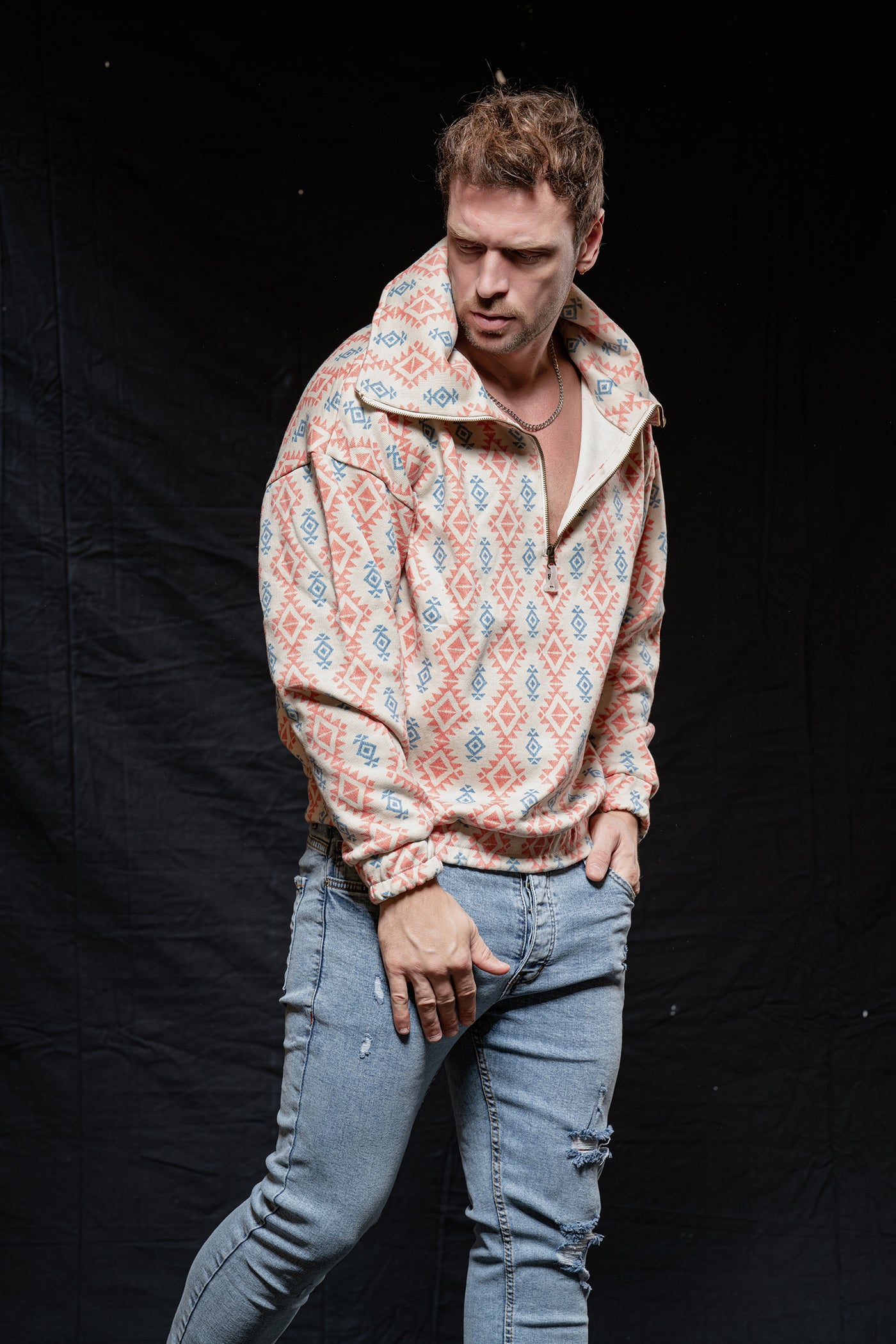 Quarter Zip Unique Baggy Neckline Sweatshirt