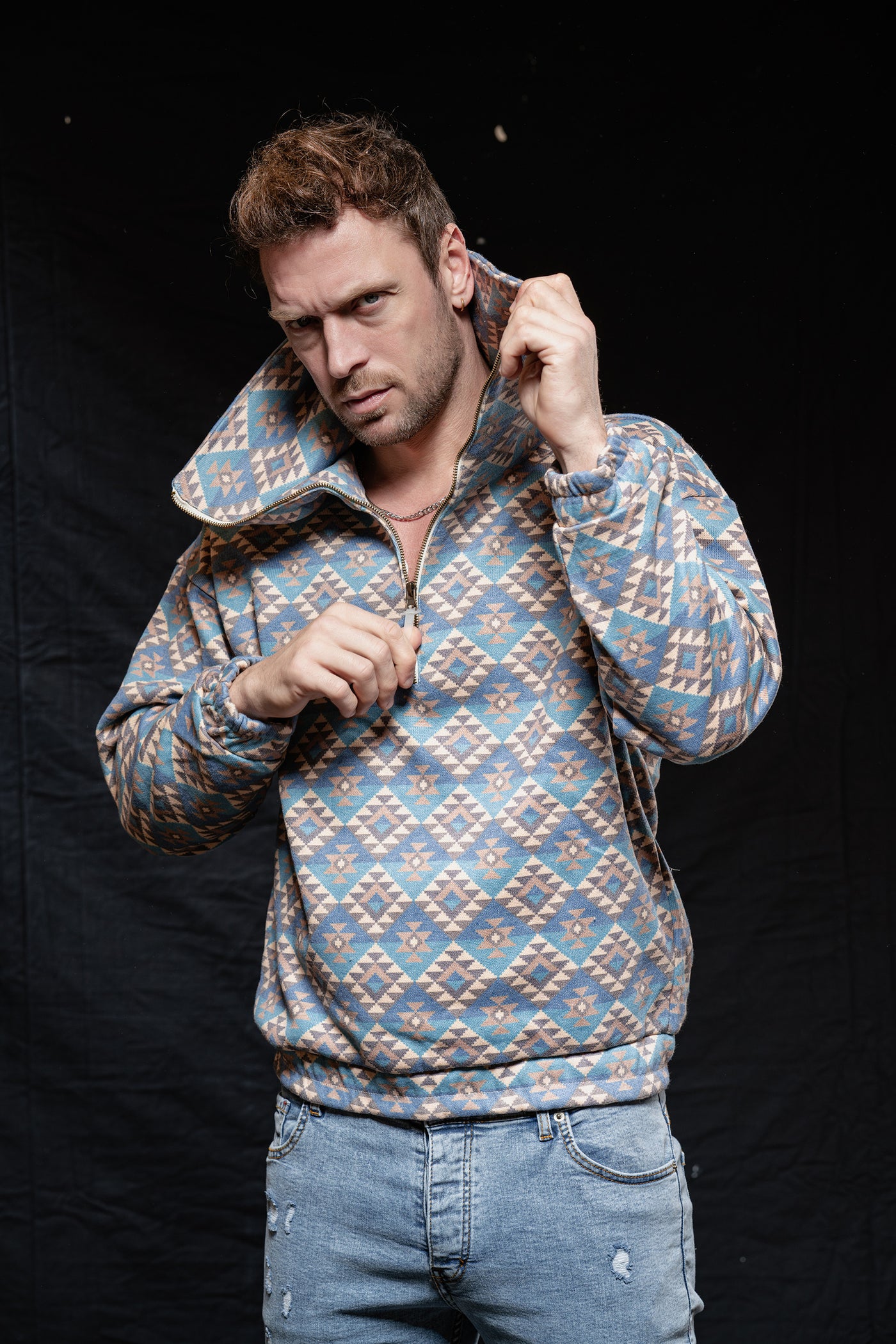 Quarter Zip Unique Baggy Neckline Sweatshirt